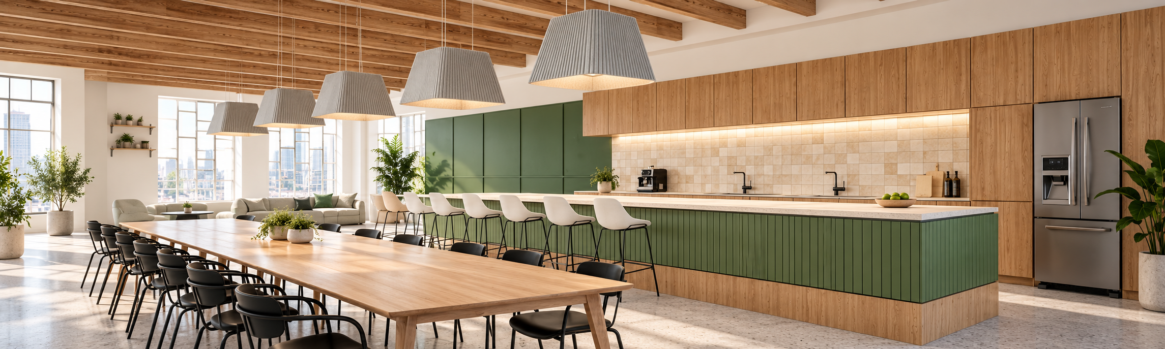 Modern café interior with PET felt acoustic pendant lighting above tables and seating areas.