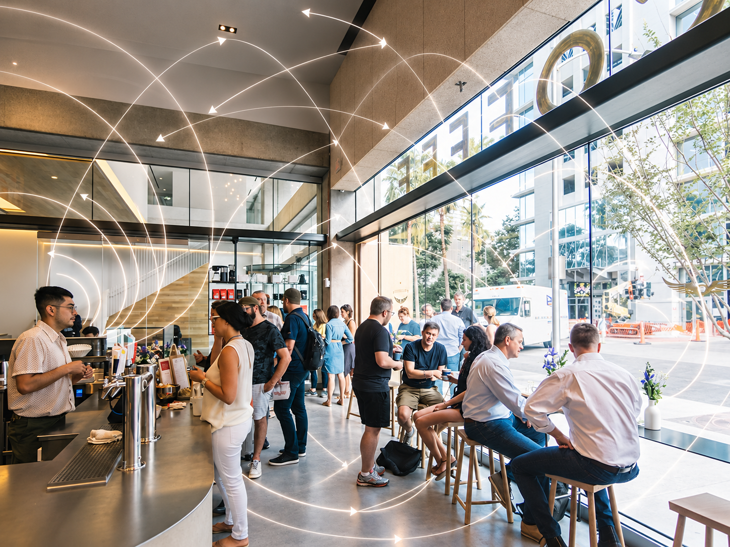 Illustration of sound reflections from glass, walls, floors, and ceilings inside a busy café.