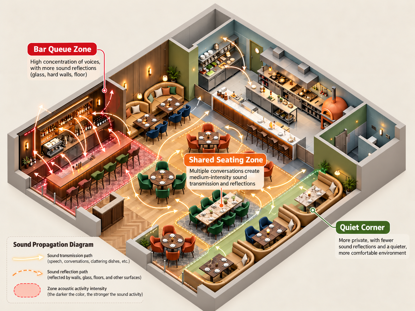 Overhead café layout showing the service counter, shared tables, and quieter seating zones.