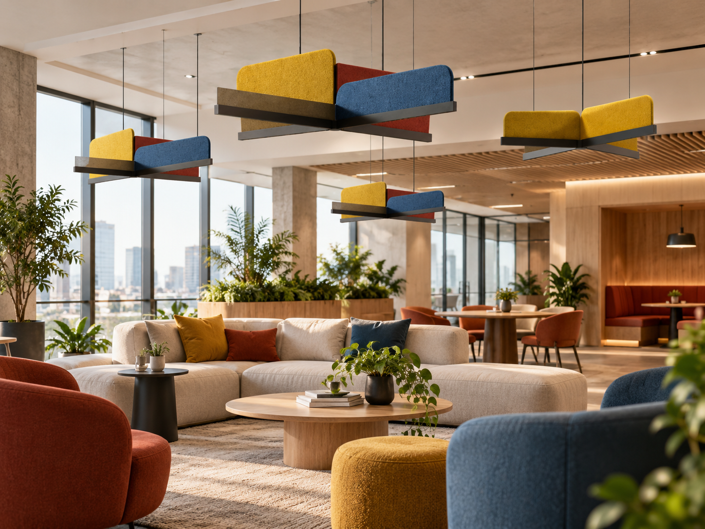 Acoustic-linear-ceiling-pendant-above-an-office-reception-counter