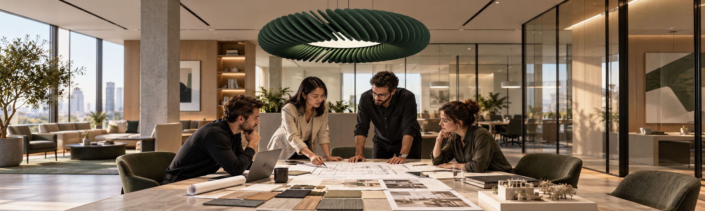 Architects reviewing acoustic lighting specification for a commercial project