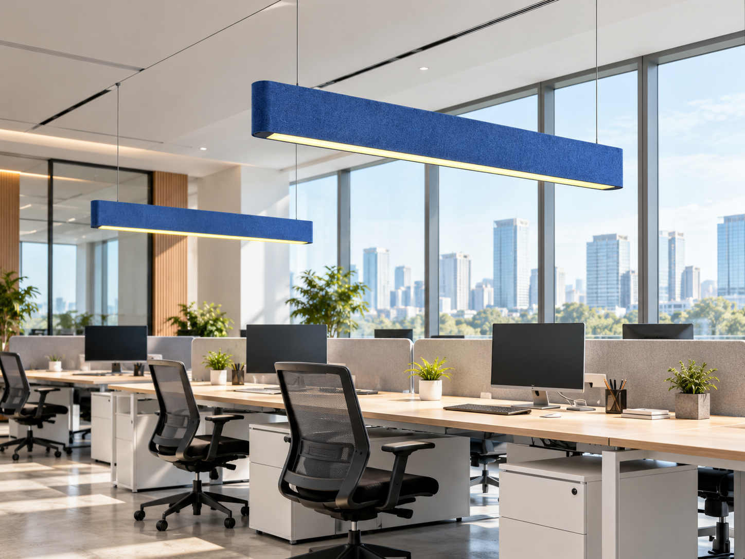Blue Linear Acoustic Pendant Lighting for Open Plan Offices