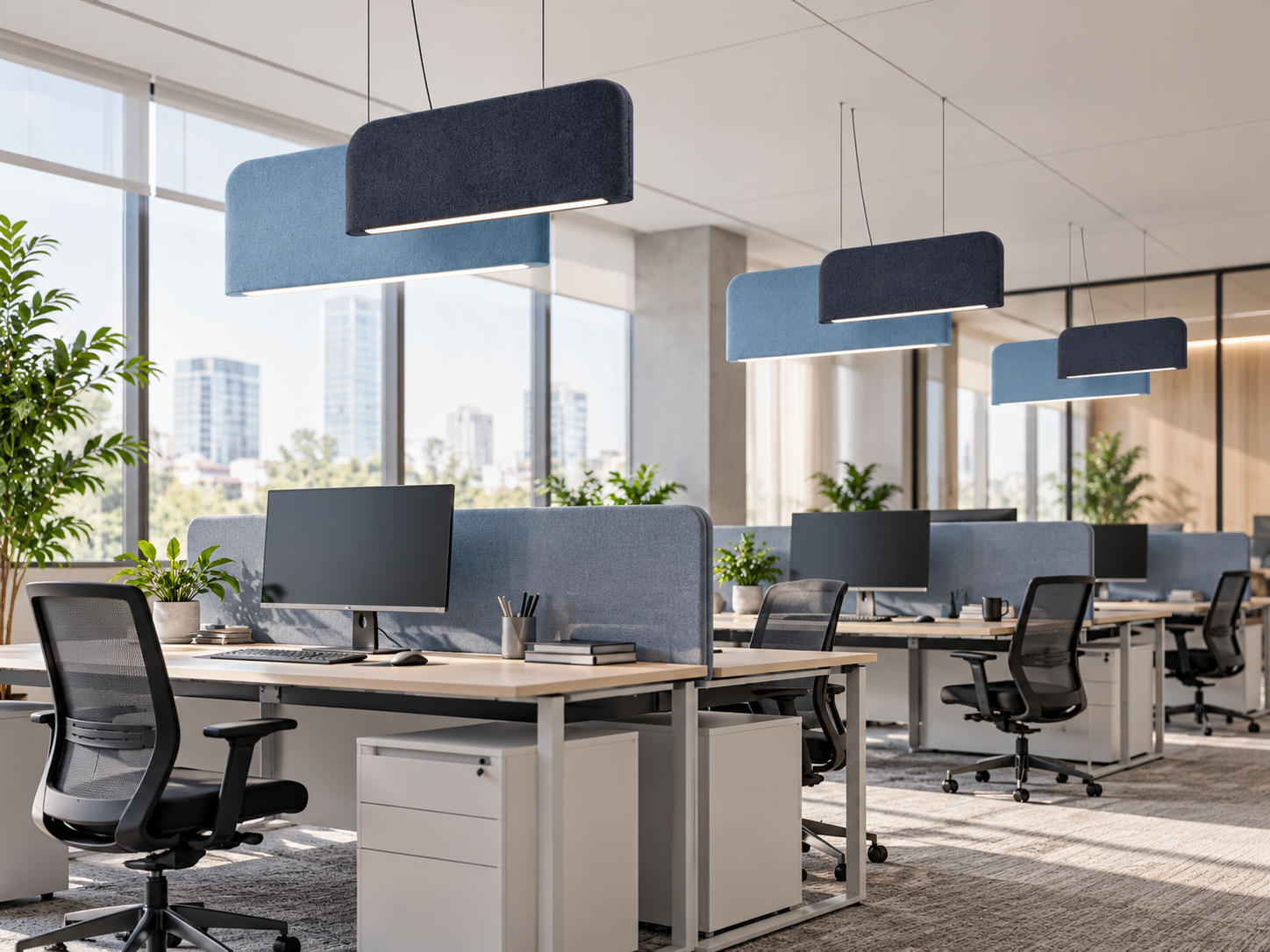 Linear sound-absorbing office lights aligned with bench desk workstations