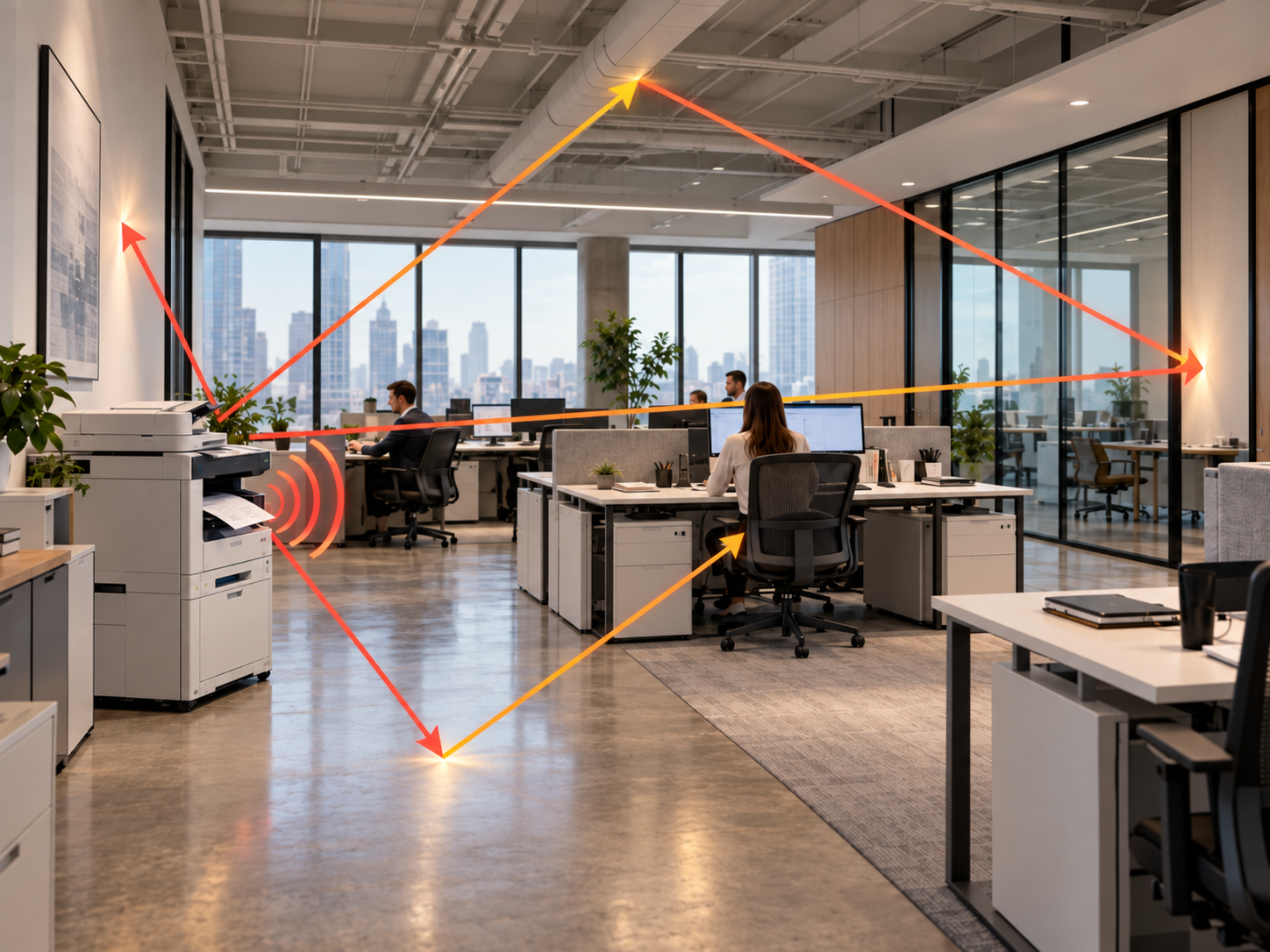 Open-plan-office-showing-acoustic-challenges-caused-by-reflective-ceiling-and-hard-surfaces