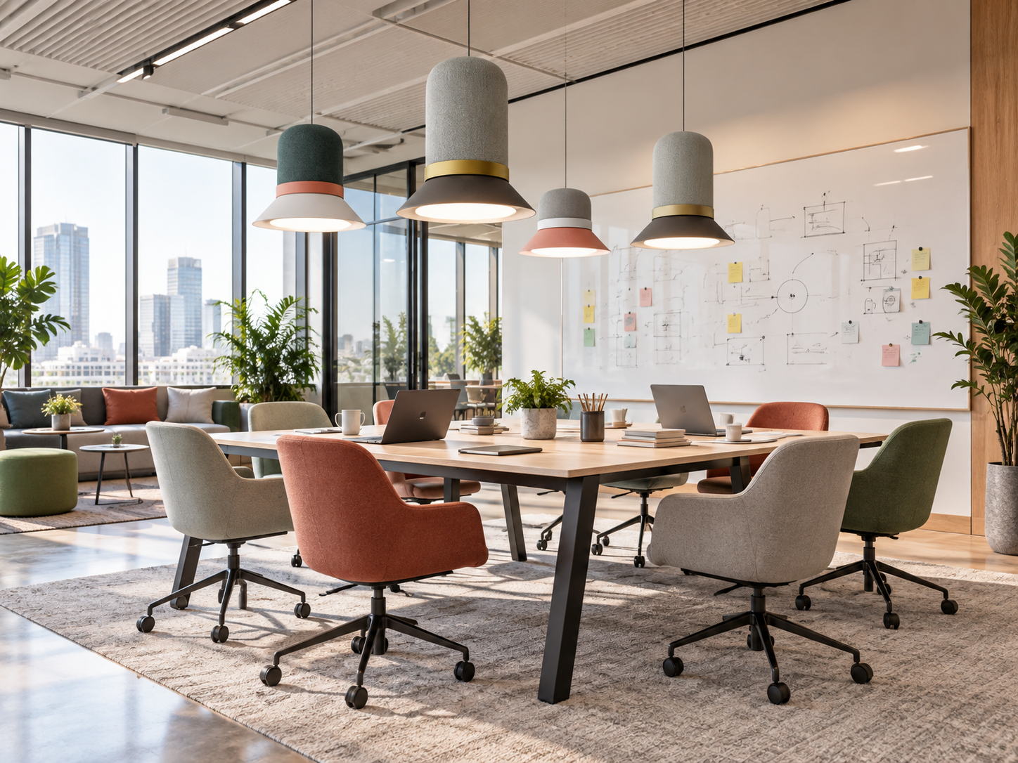 Suspended-acoustic-linear-lighting-defining-a-collaborative-workspace-in-a-contemporary-office