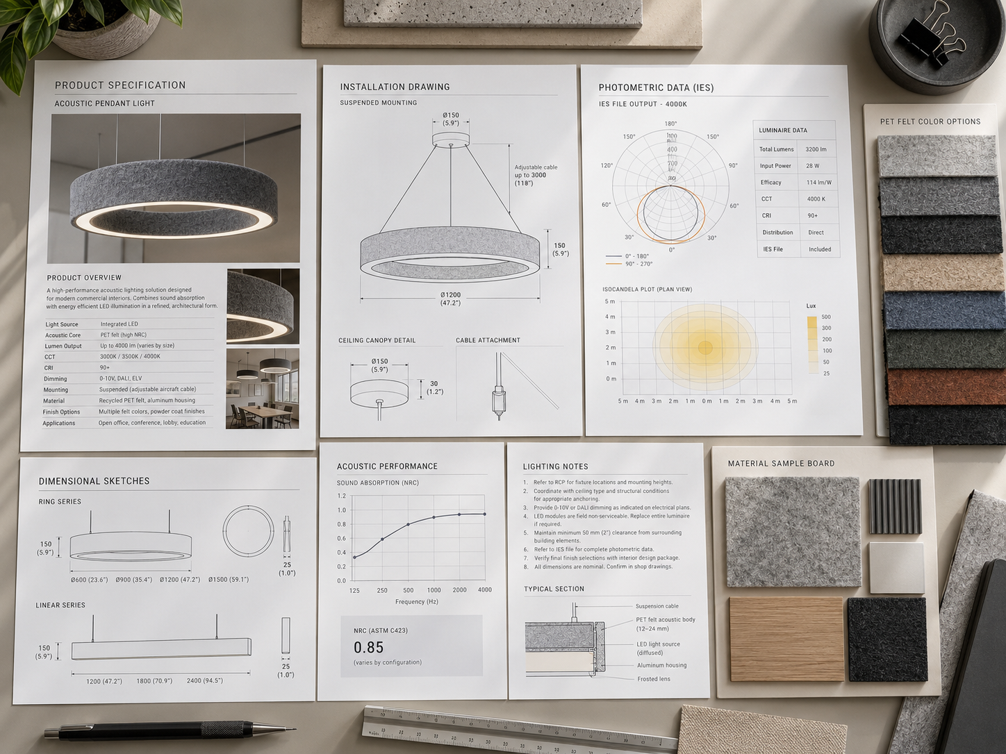 Technical documents for acoustic lighting commercial projects