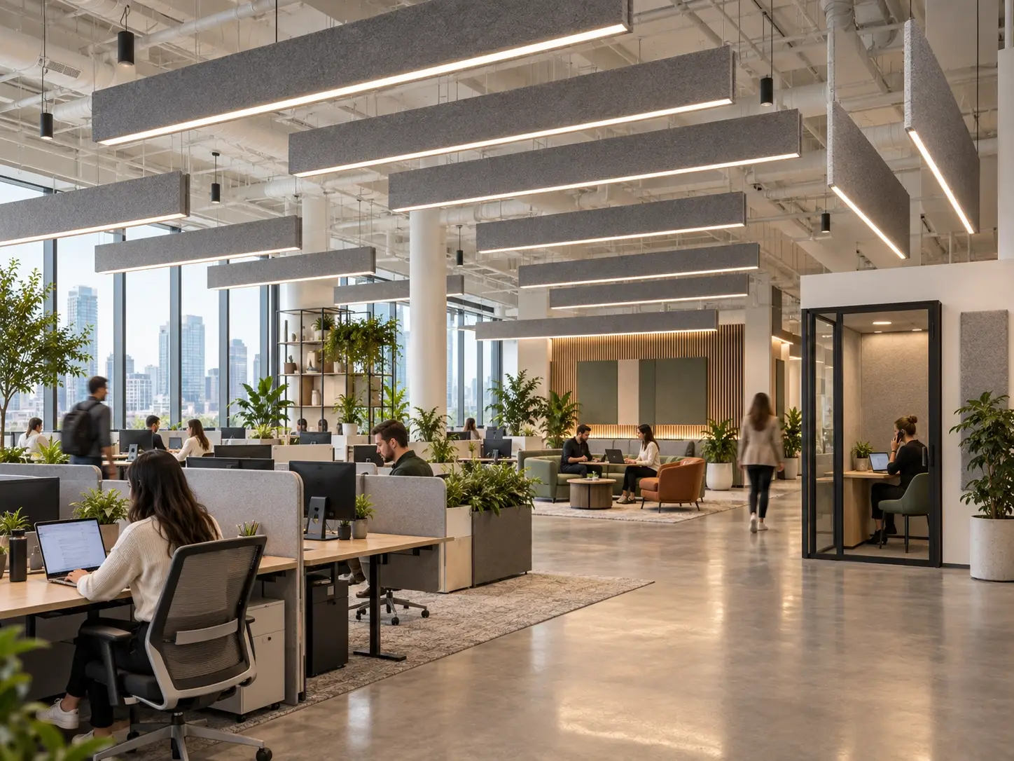 Acoustic baffle lights suspended above an open-plan office