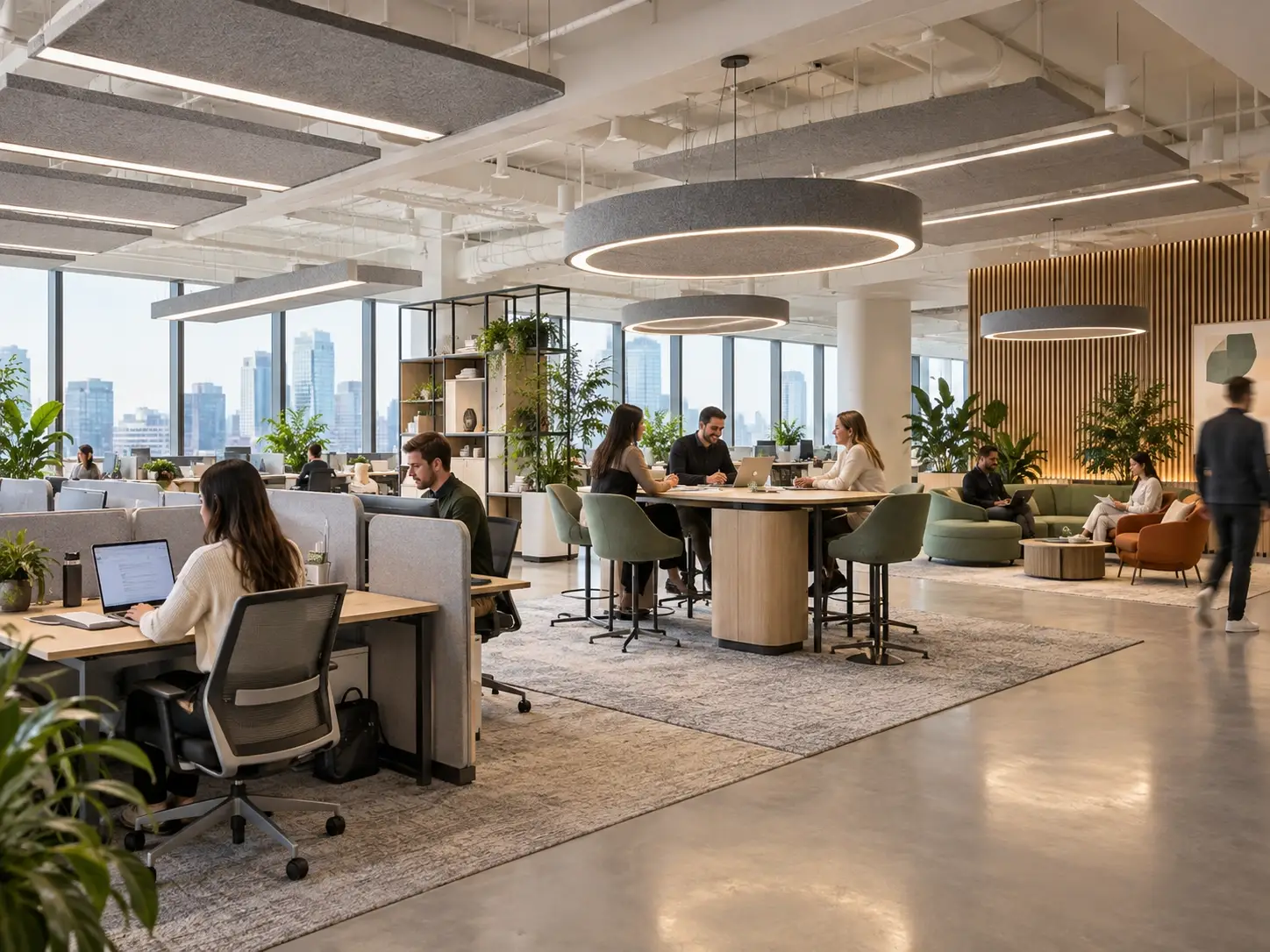 Acoustic lighting across office workstations and collaboration areas