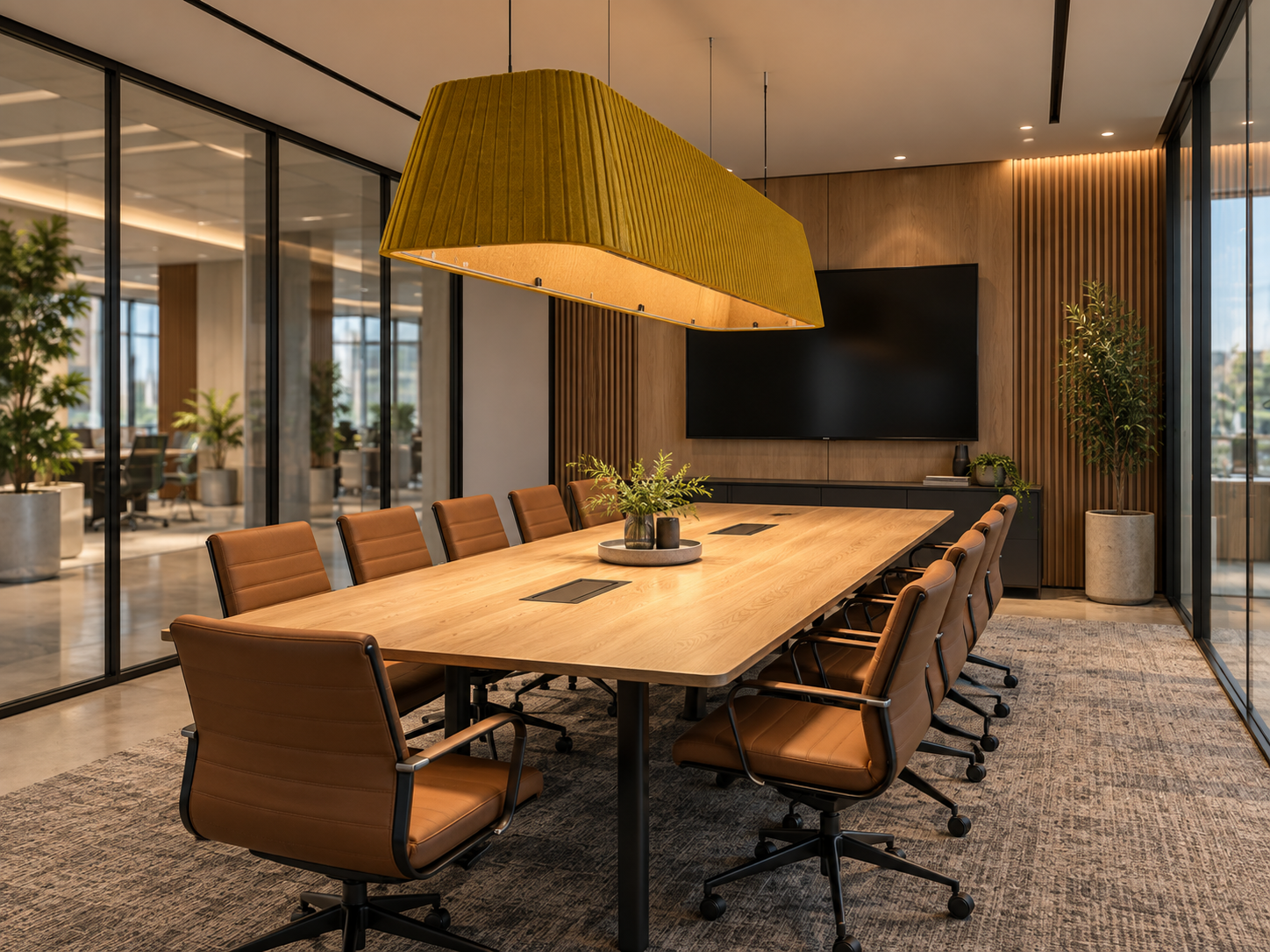 Acoustic Pendant Lighting Aligned with Meeting Table Layout