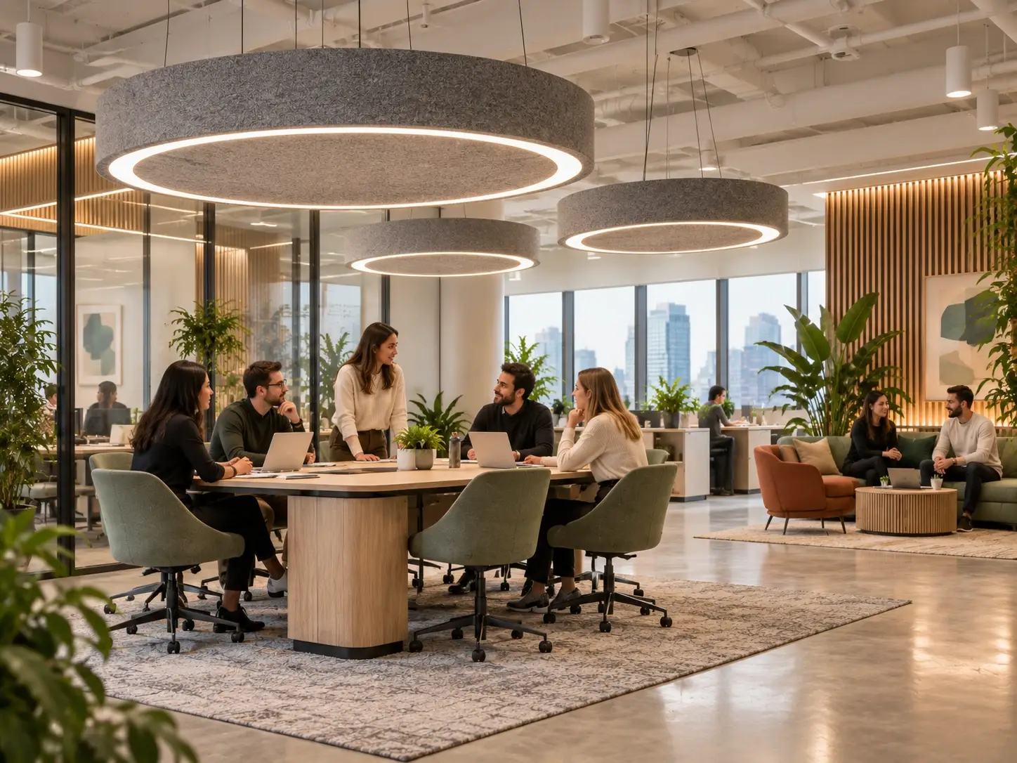 Circular acoustic pendant lights above an office collaboration table
