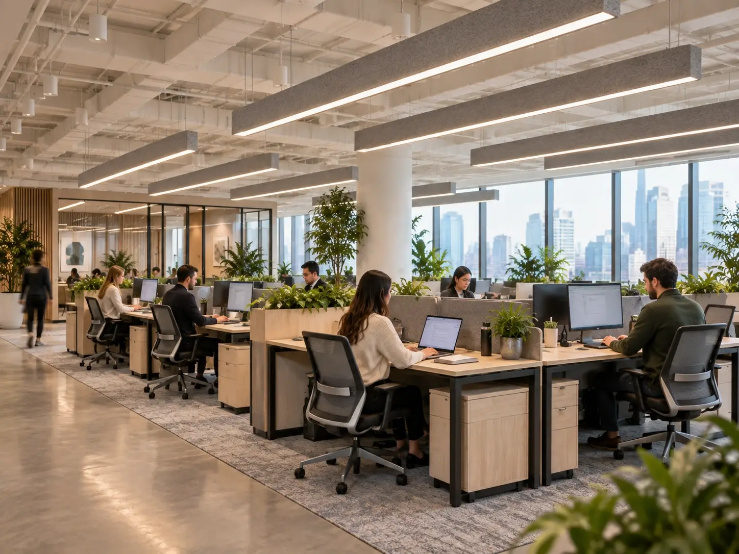 Linear acoustic lights above open-plan office workstations