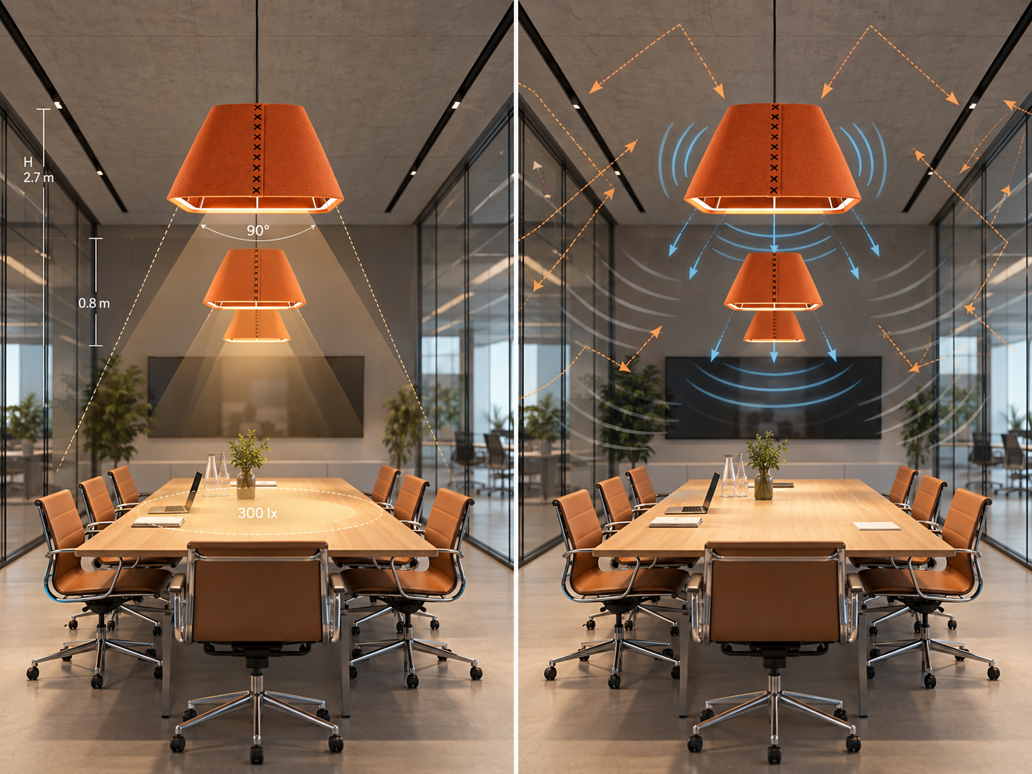 Comparison between lighting distribution and acoustic absorption considerations for acoustic pendant lights