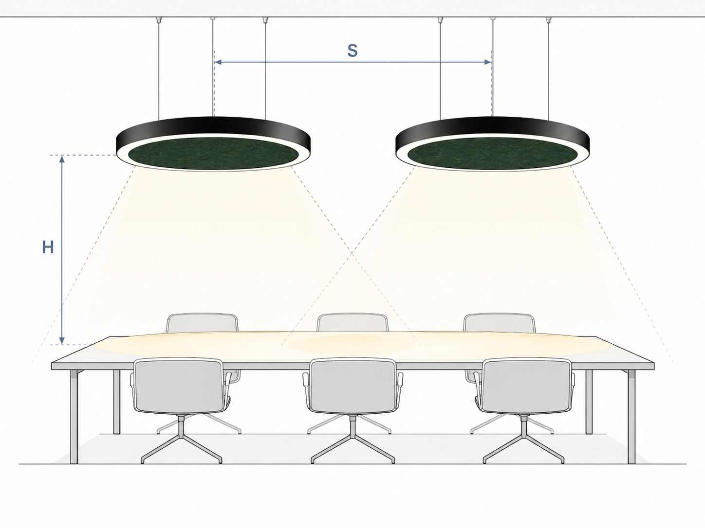 Diagram showing the relationship between acoustic pendant spacing, mounting height and light distribution