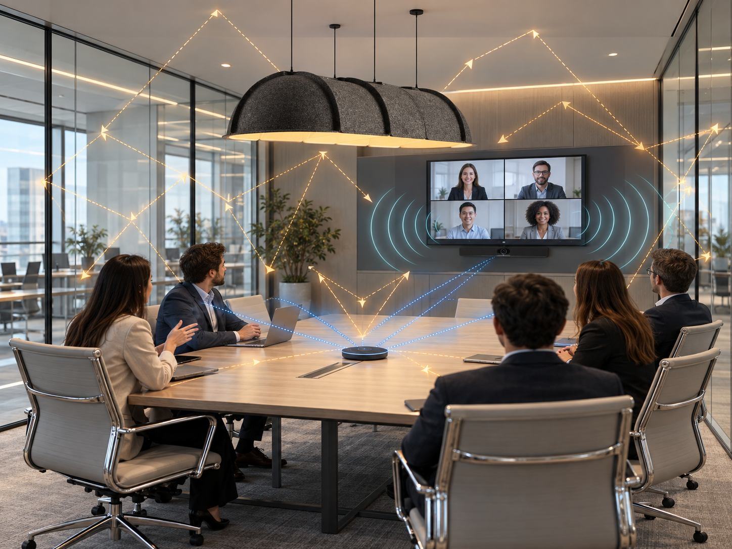 Glass video conference room showing acoustic lighting microphone and sound reflections