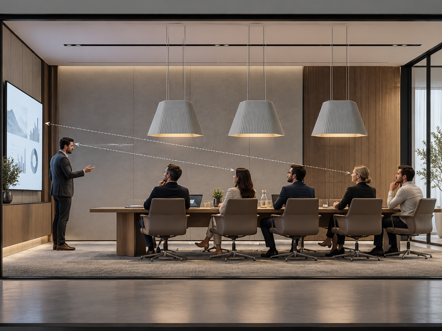 Meeting room showing acoustic pendant suspension height coordinated with seated sightlines