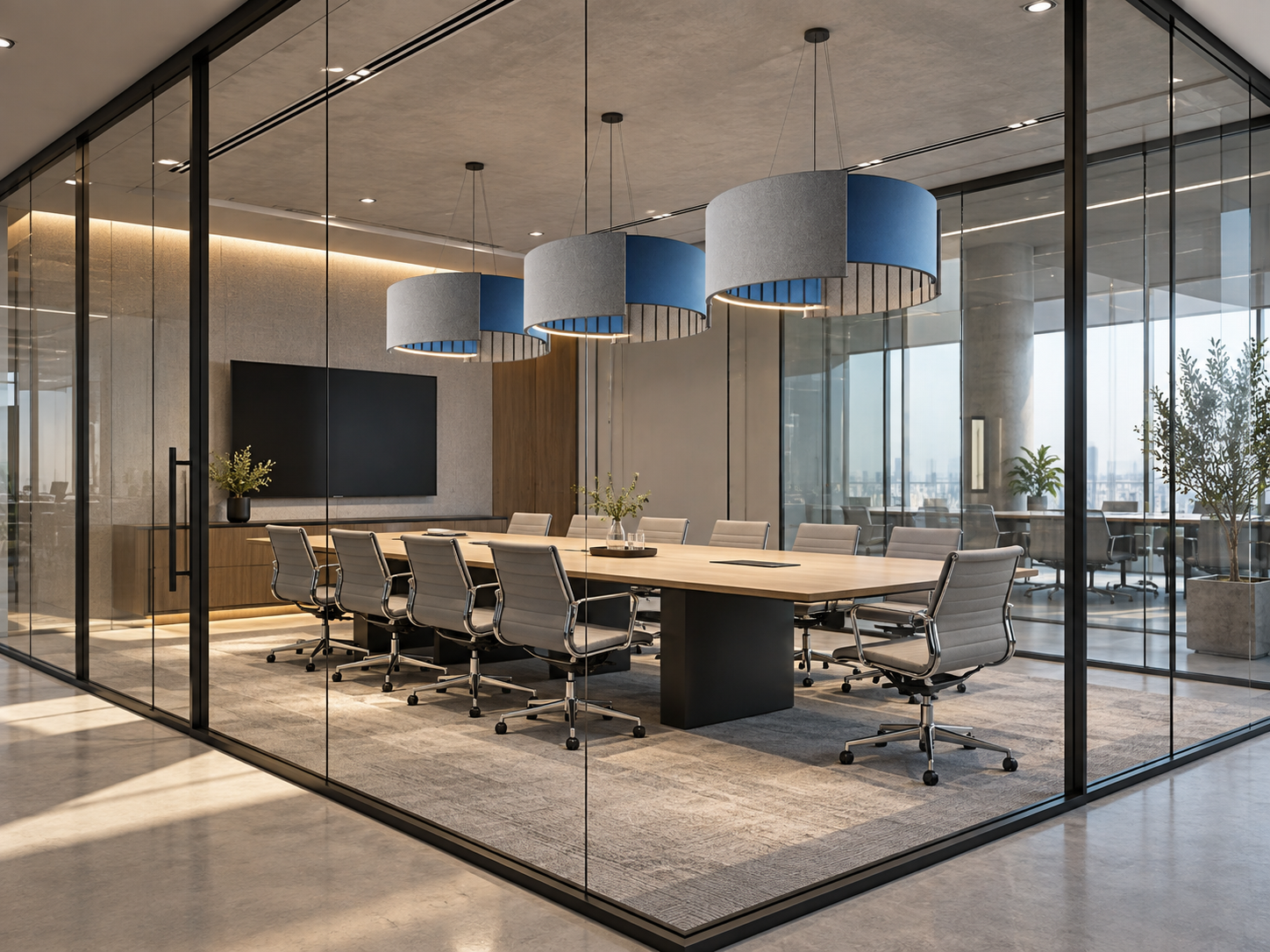 Acoustic lighting positioned above the occupied meeting table in a glass meeting room
