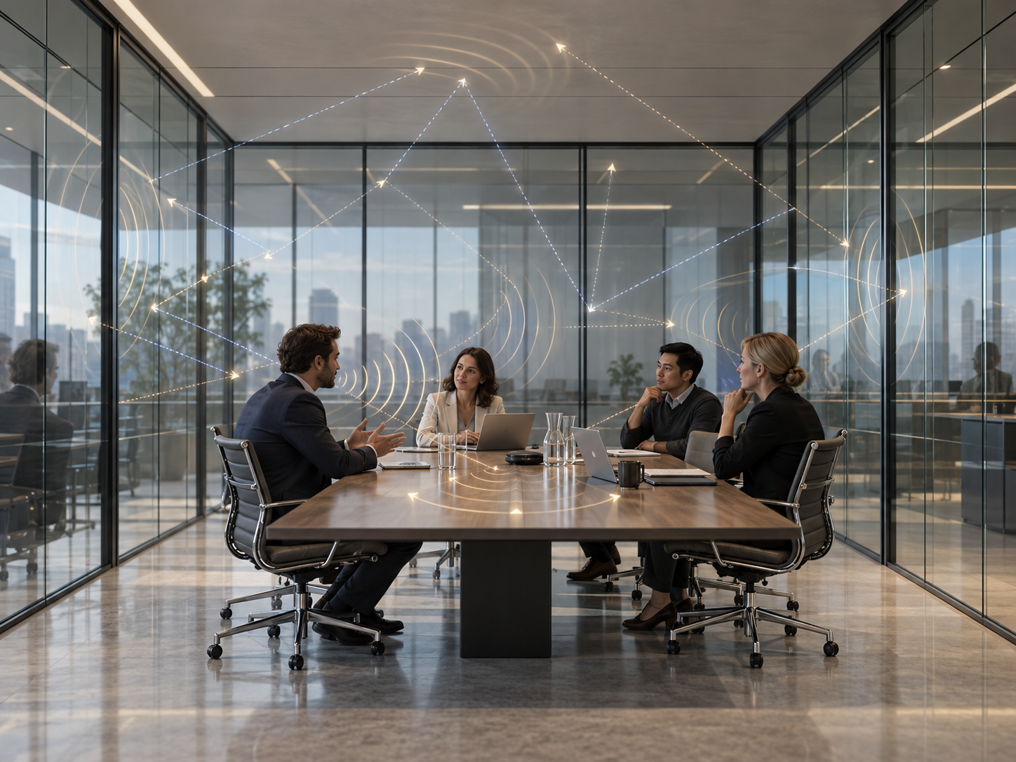 Sound reflections inside a glass meeting room with hard surfaces