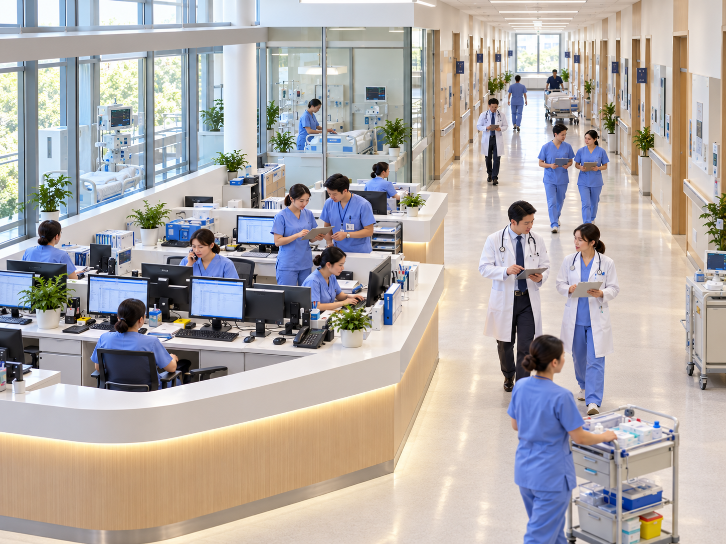 Doctors and nurses working at a modern hospital nurse station beside a bright clinical corridor.