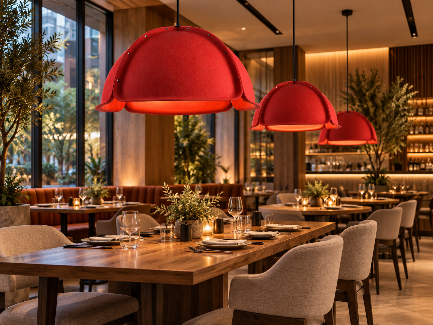 Red acoustic pendant lights installed above dining tables in a modern restaurant interior