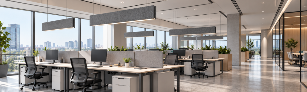 Acoustic-linear-pendant-lighting-installed-above-workstations-in-a-modern-open-plan-office