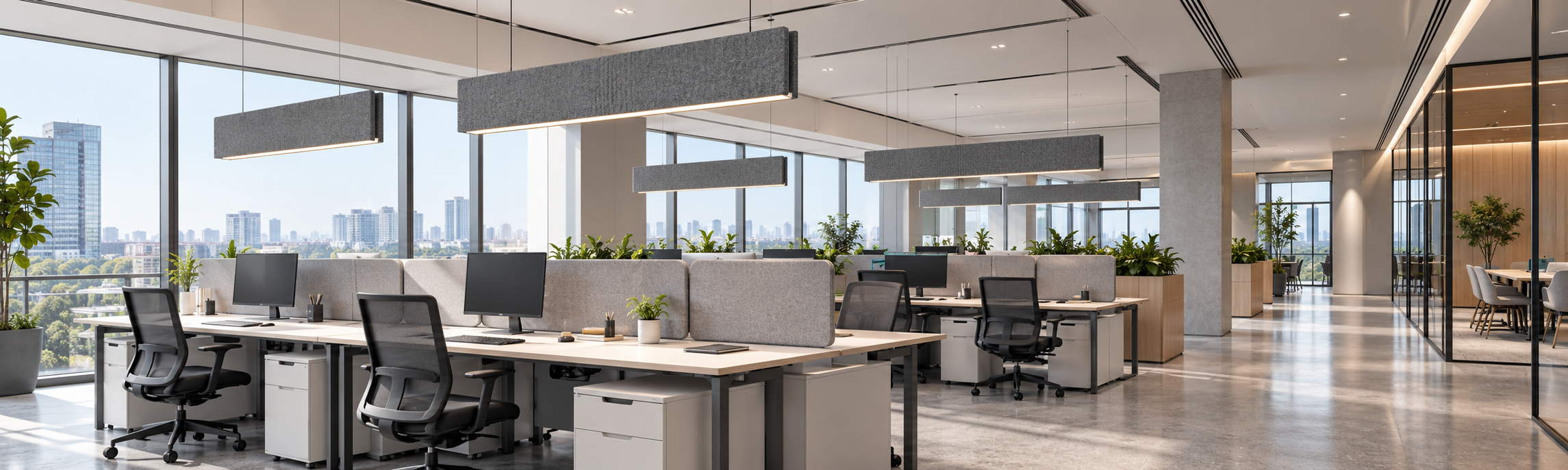 Acoustic-linear-pendant-lighting-installed-above-workstations-in-a-modern-open-plan-office