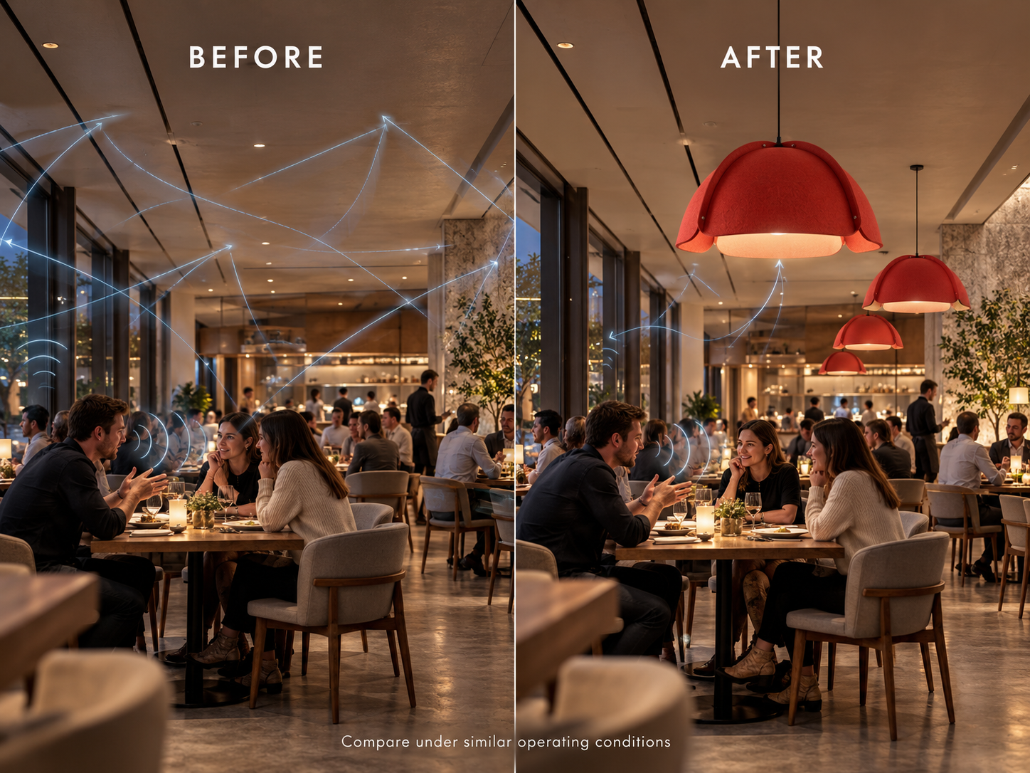 Same restaurant before and after an acoustic retrofit, showing fewer sound reflections with acoustic pendant lighting installed