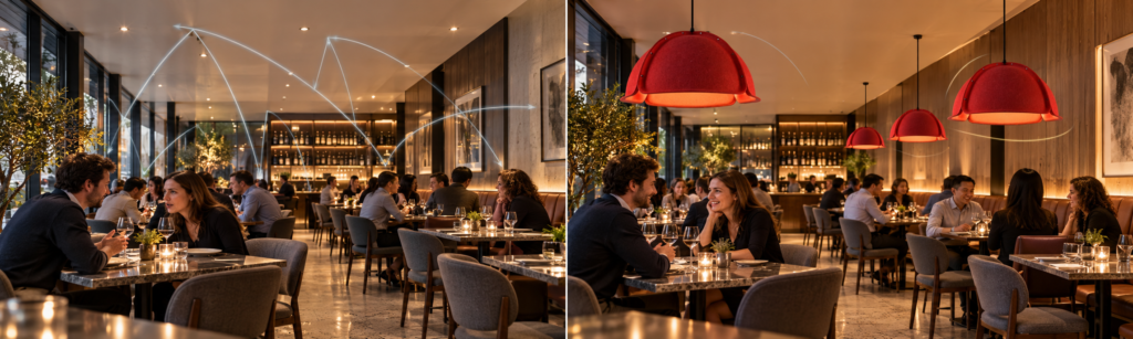 Before and after comparison of a restaurant interior showing reduced sound reflections after acoustic lighting is added
