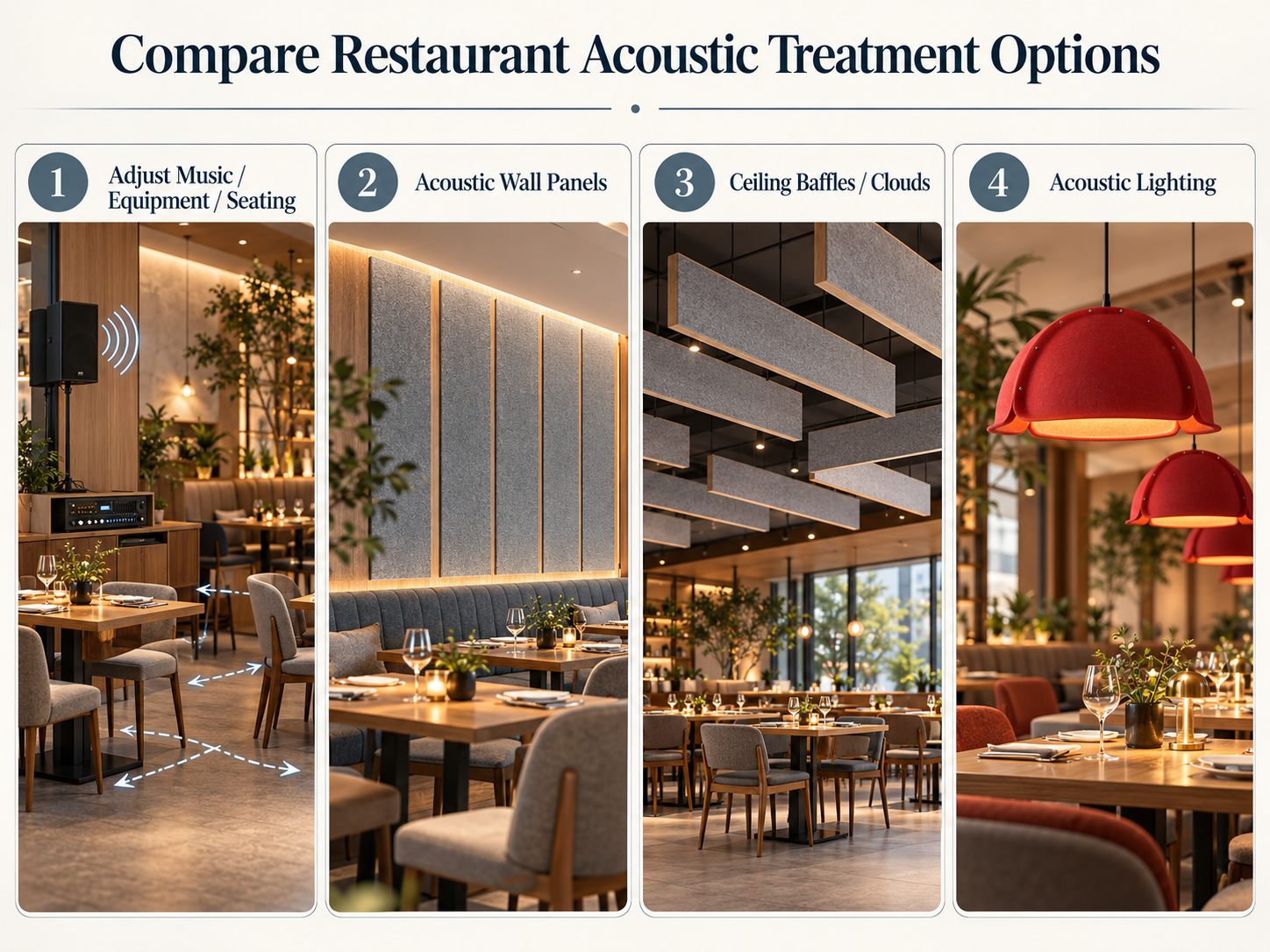 Comparison of restaurant acoustic treatment options including equipment adjustment, wall panels, ceiling baffles and acoustic lighting