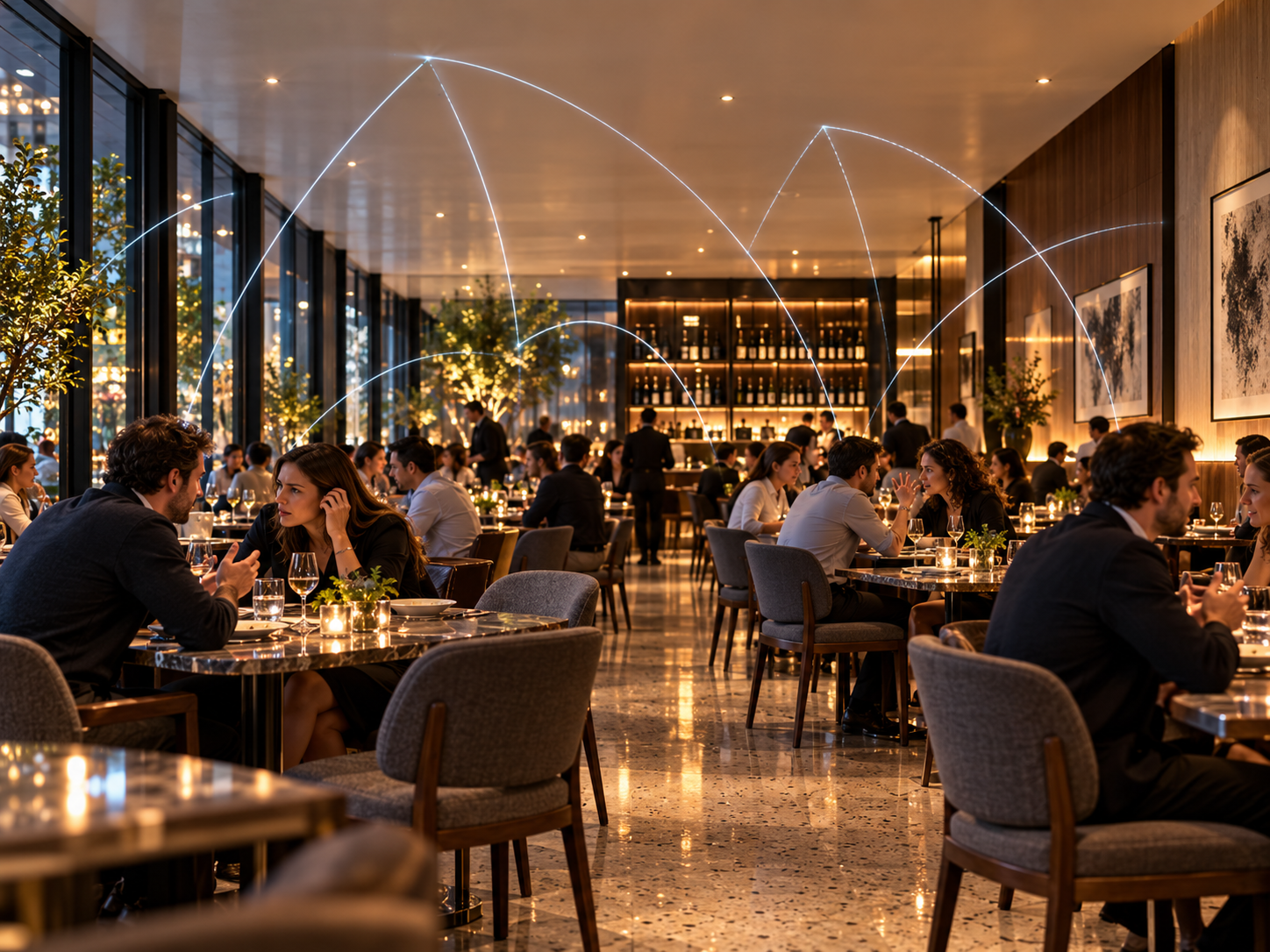 Sound waves reflecting between the ceiling, glass walls and hard surfaces in a busy restaurant dining area