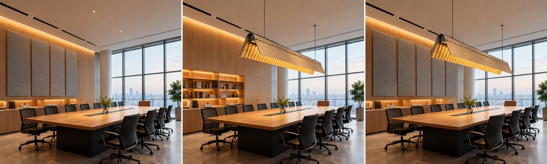Comparison of acoustic panels, acoustic lighting and a combined solution in a modern meeting room