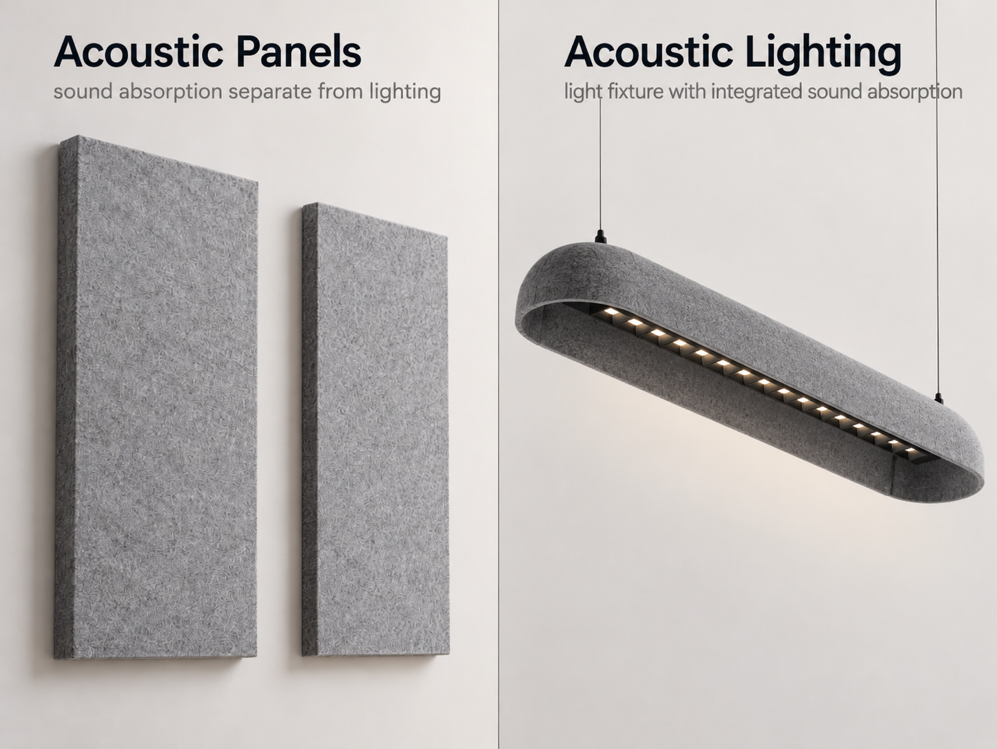 Acoustic pendant light compared with a standalone PET felt acoustic wall panel