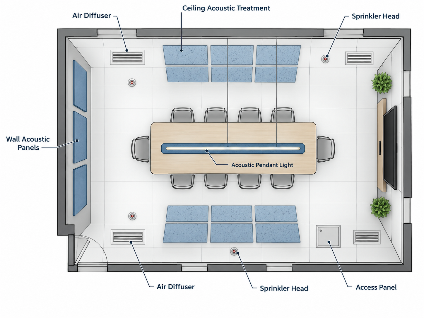 Illustrative ceiling plan showing acoustic lighting, acoustic treatment and building services