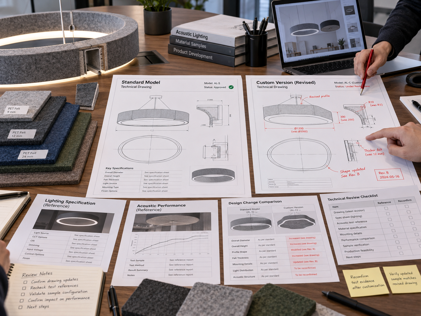 Standard and revised acoustic lighting product drawings reviewed alongside PET felt material samples and supporting technical documents.