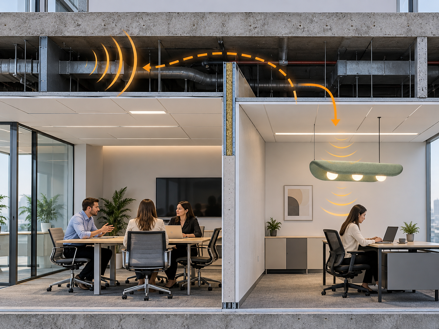 Diagram showing sound travelling between offices through a shared ceiling space above a partition wall