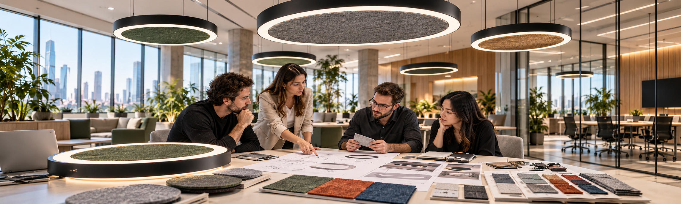 Designers reviewing custom acoustic lighting drawings and PET felt samples beneath linear acoustic pendant lights in a modern office.