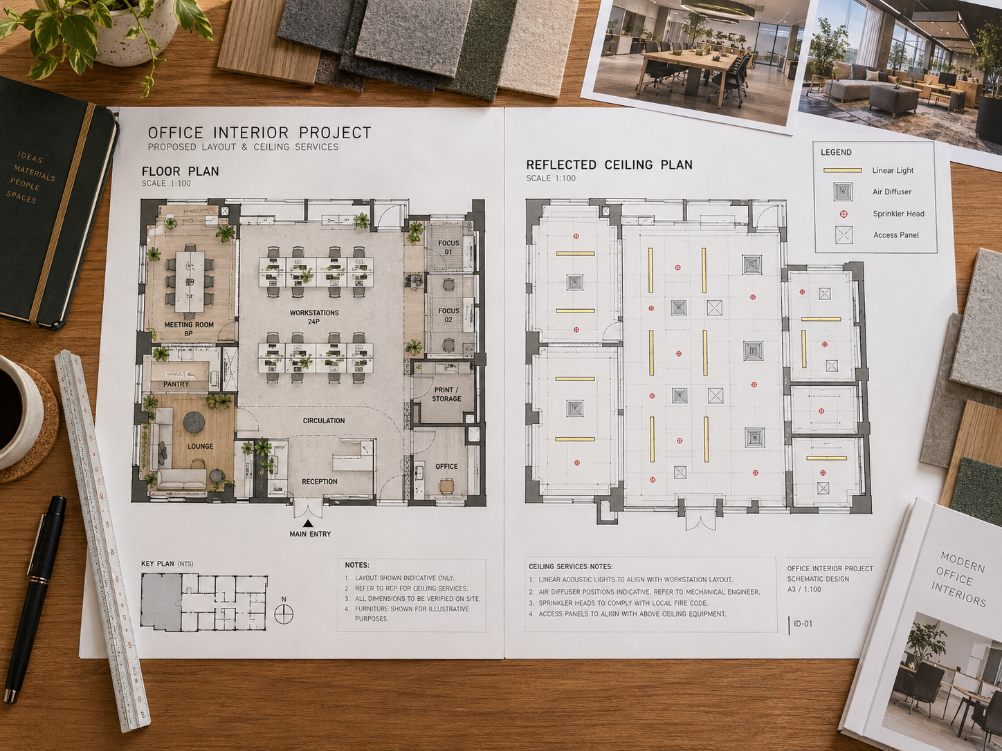 Office floor plan and reflected ceiling plan showing proposed acoustic lighting positions, HVAC diffusers, sprinkler heads and access panels.