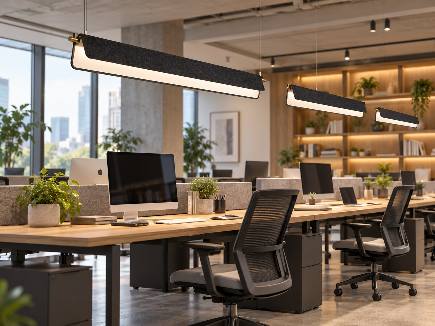Linear PET felt acoustic pendant lights suspended above office workstations
