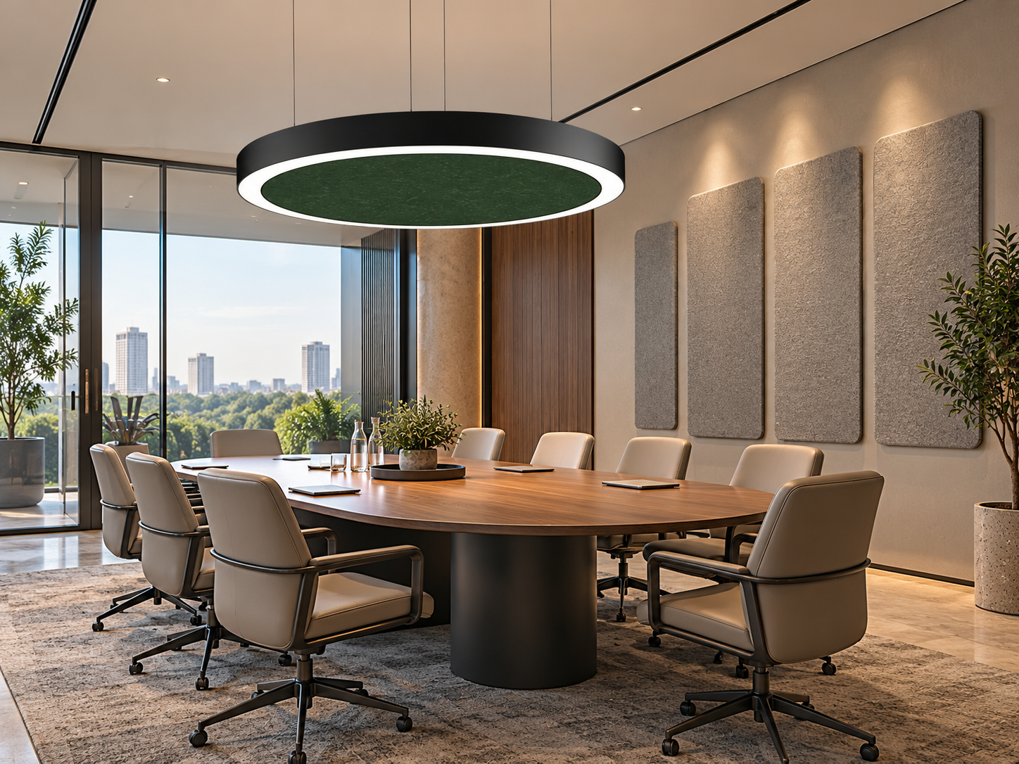 Conference room combining acoustic pendant lighting with wall-mounted sound absorbing panels
