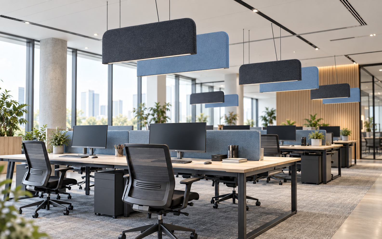Suspended PET felt acoustic linear lights above workstations in a modern open-plan office