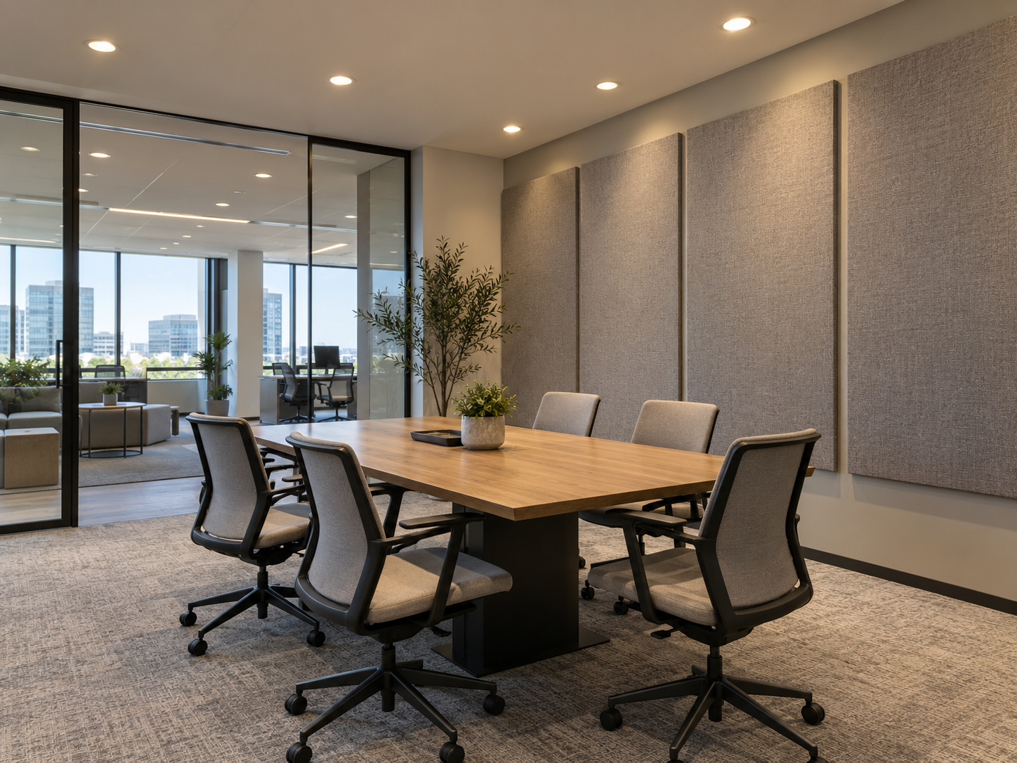 Modern meeting room with existing ceiling lights and added acoustic wall panels