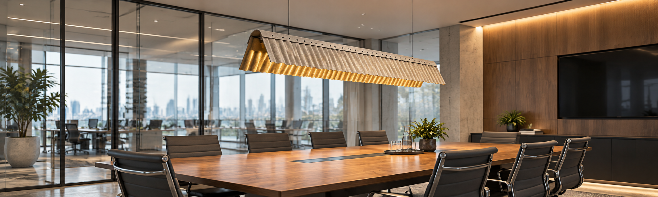 PET felt acoustic pendant lights suspended above a conference table in a glass-walled meeting room